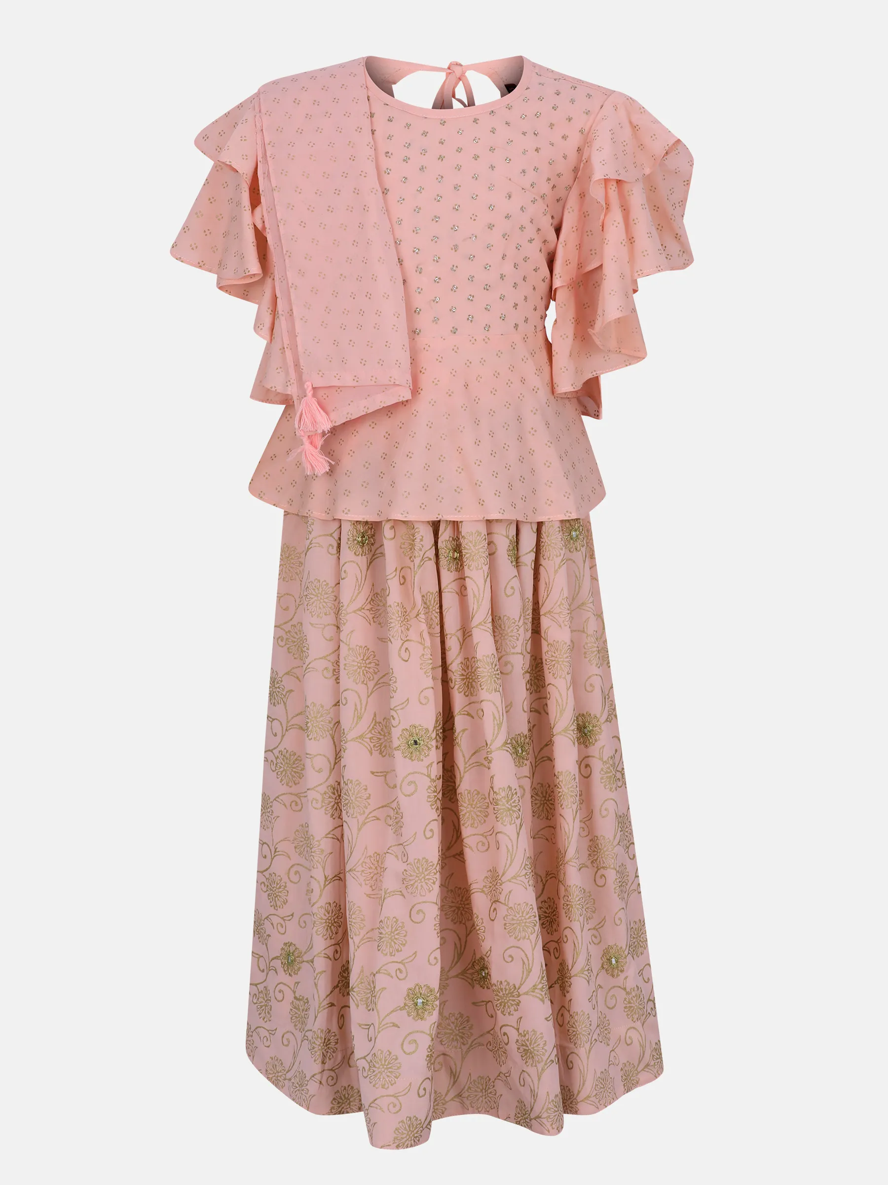 Peach Printed and Embroidered Linen Ghagra Choli Set